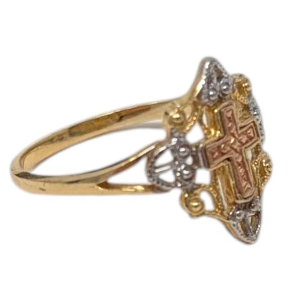 Estate 14K Tri-Color Gold Filigree Cross Ring Size 9 – 2.21g - Picture 2 of 6